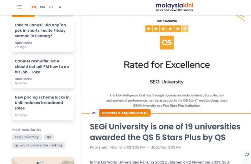 Universiti SEGi ialah salah satu daripada 19 universiti yang dianugerahkan QS 5 Stars Plus oleh QS