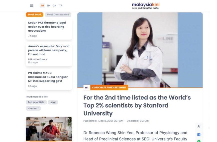 Buat kali ke-2 disenaraikan sebagai saintis 2% Terbaik Dunia oleh Universiti Stanford